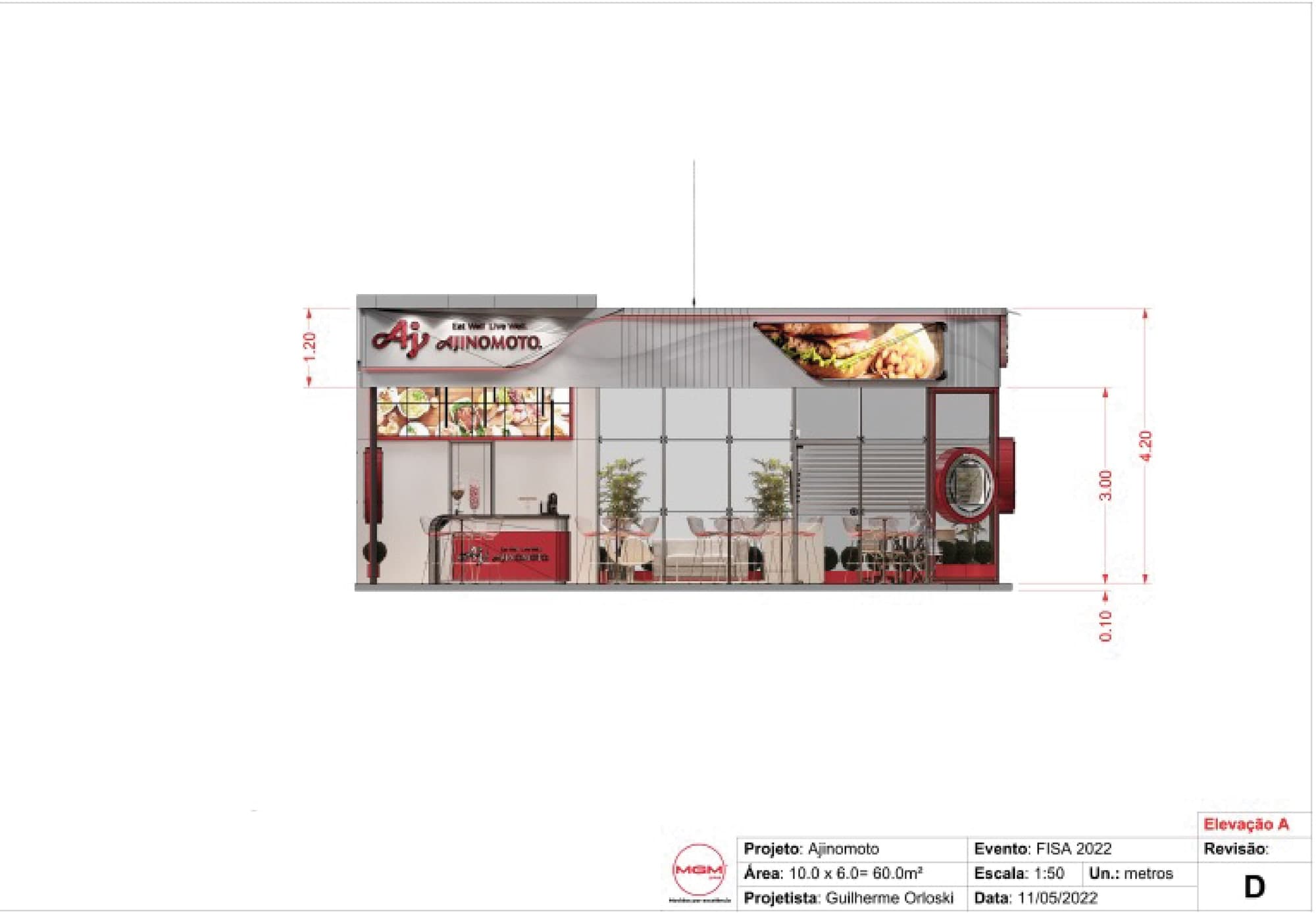 Elevação técnica do estande da Ajinomoto para a FISA 2022, com cotas de altura e o carimbo do projeto indicando área de 60 m², escala 1:50 e revisão D.