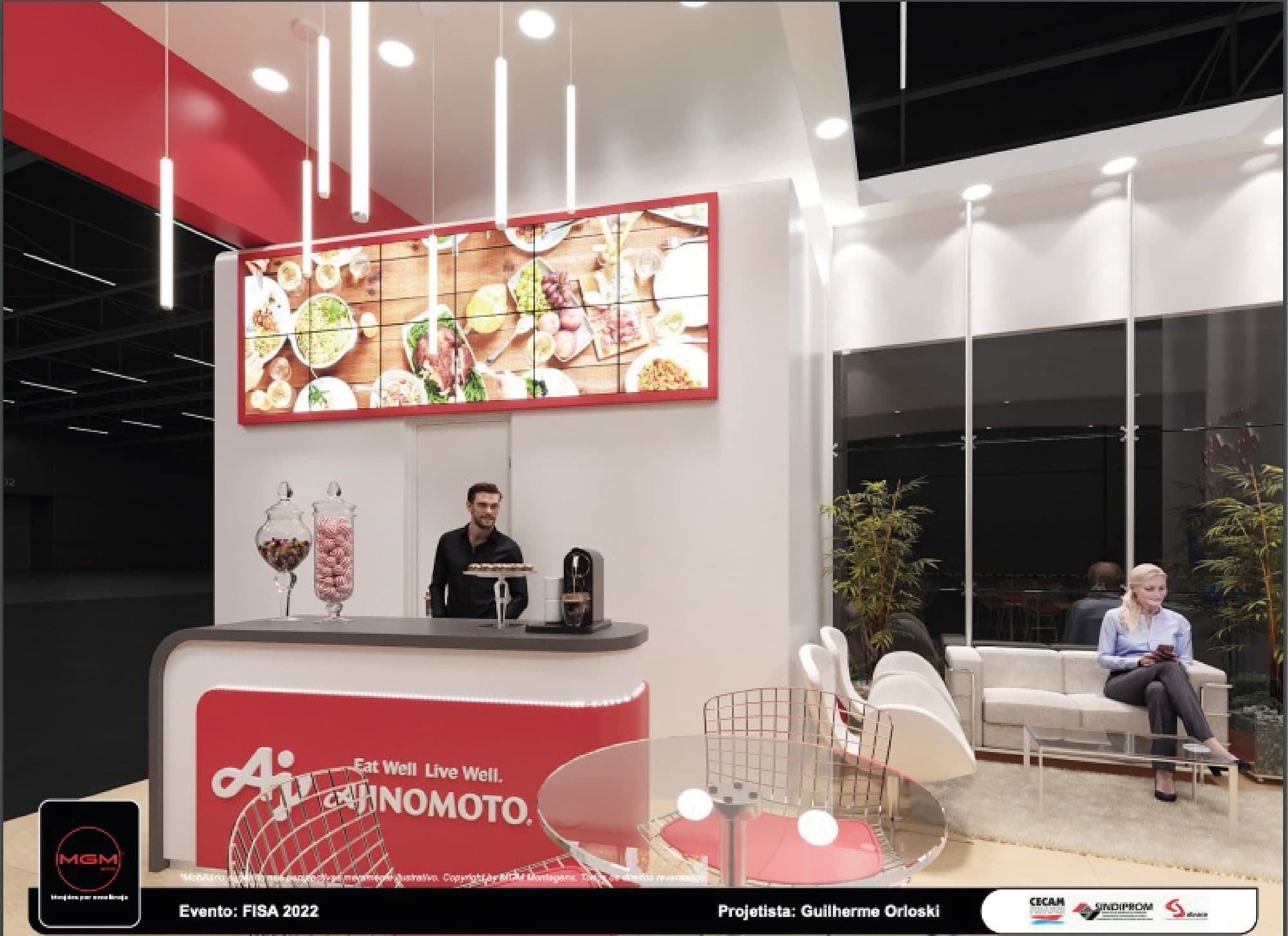 Render do interior do estande: bar de degustação com atendente, painel de LED com imagens de pratos e mesas altas para reunião.