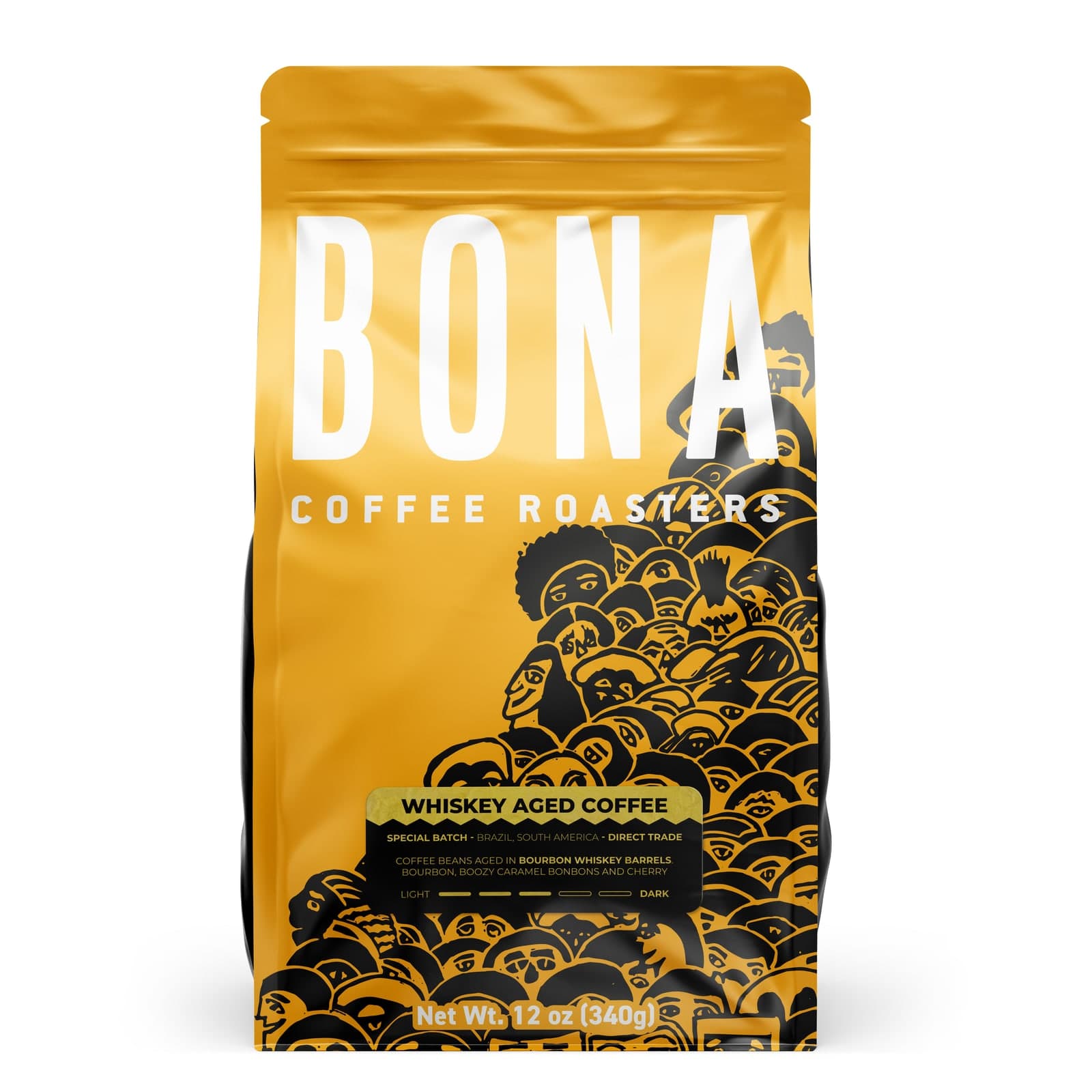 Embalagem da Bona com a ilustração da multidão em xilogravura e a etiqueta do blend WAC.