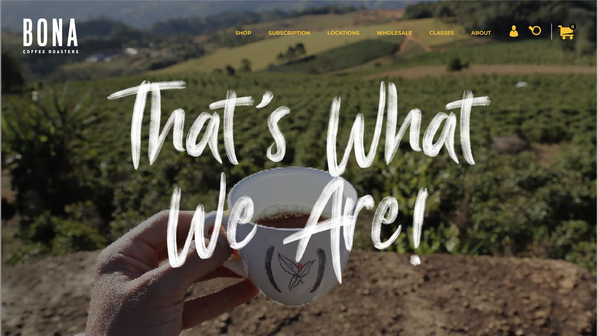Página de manifesto do site da Bona: sobre a foto de uma mão segurando uma xícara da marca diante de uma lavoura de café numa encosta, o lettering à mão 'That's What We Are!'.