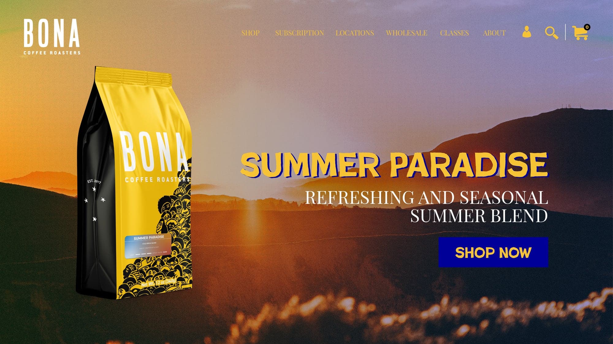 Slider da home do site da Bona anunciando o blend sazonal Summer Paradise, com a embalagem em destaque sobre uma paisagem de fim de tarde.