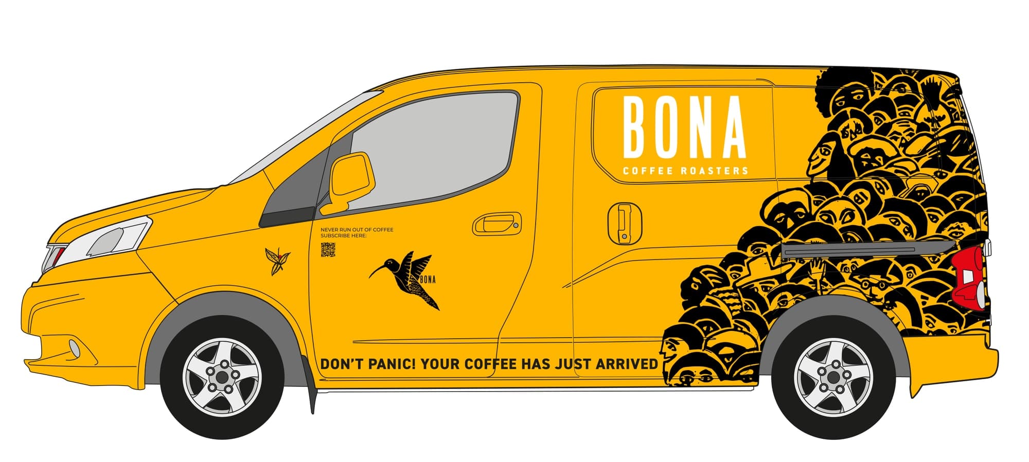 Envelopamento da van Nissan NV200 da Bona em amarelo: a xilogravura da multidão avança da traseira para o meio da lateral, com a marca BONA Coffee Roasters, o beija-flor, um QR de assinatura e a frase 'Don't panic! Your coffee has just arrived' rente à soleira.