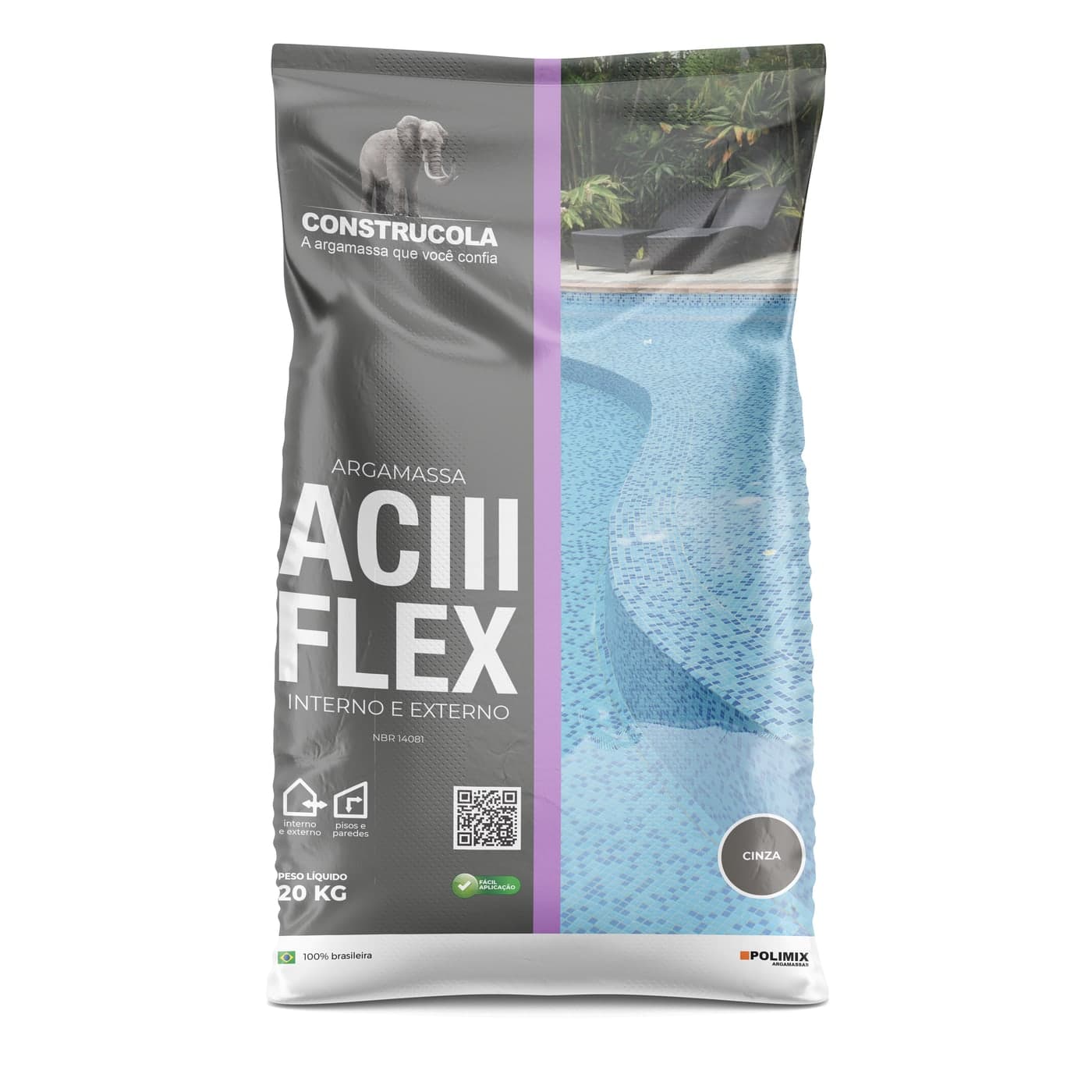 Saco de ACIII Flex da Construcola visto de frente: marca no topo, sigla do produto em corpo grande, faixa de cor vertical e foto do ambiente de aplicação ocupando a metade direita.