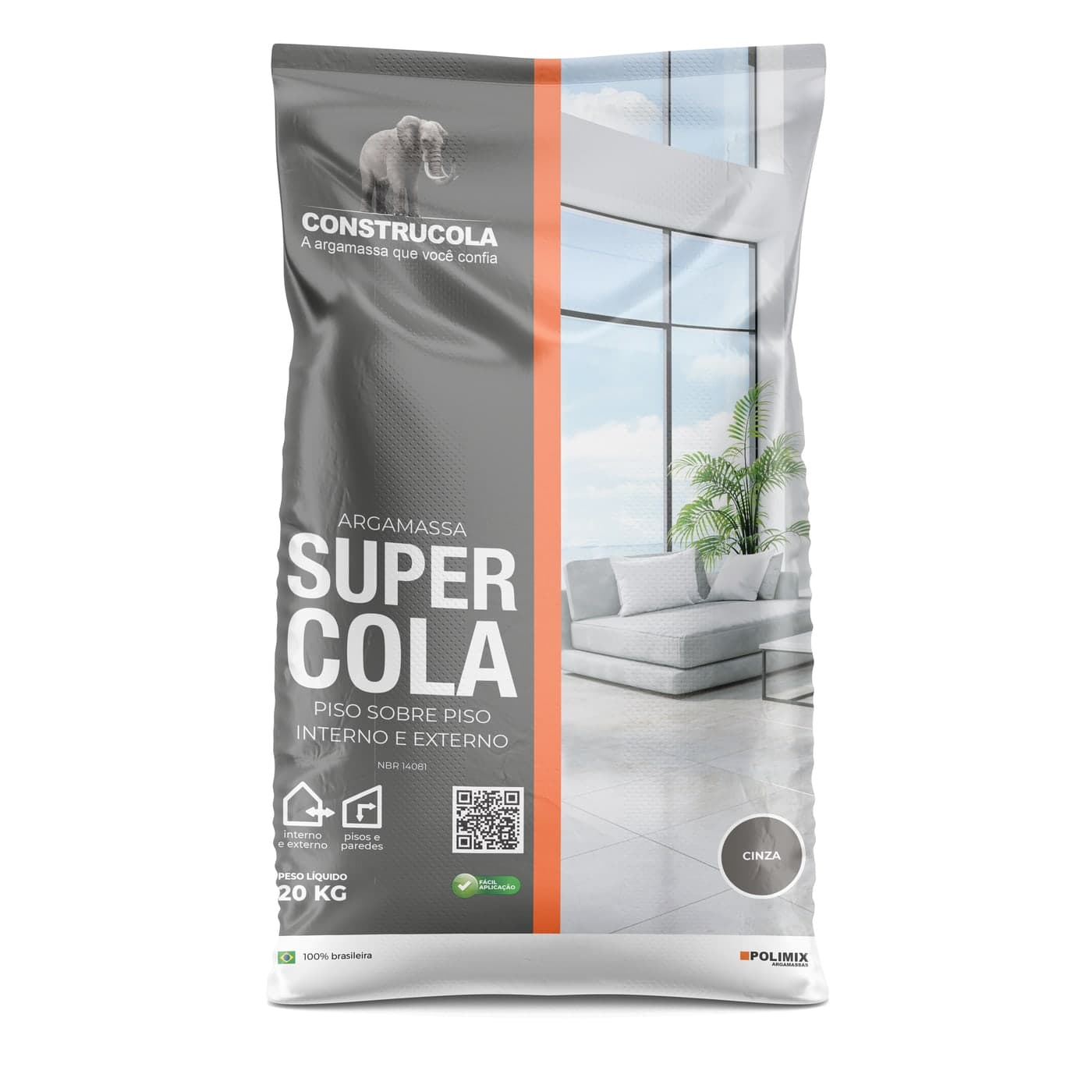 Saco de Super Cola da Construcola com a mesma arquitetura vertical, faixa de cor própria e fotografia do ambiente de aplicação.