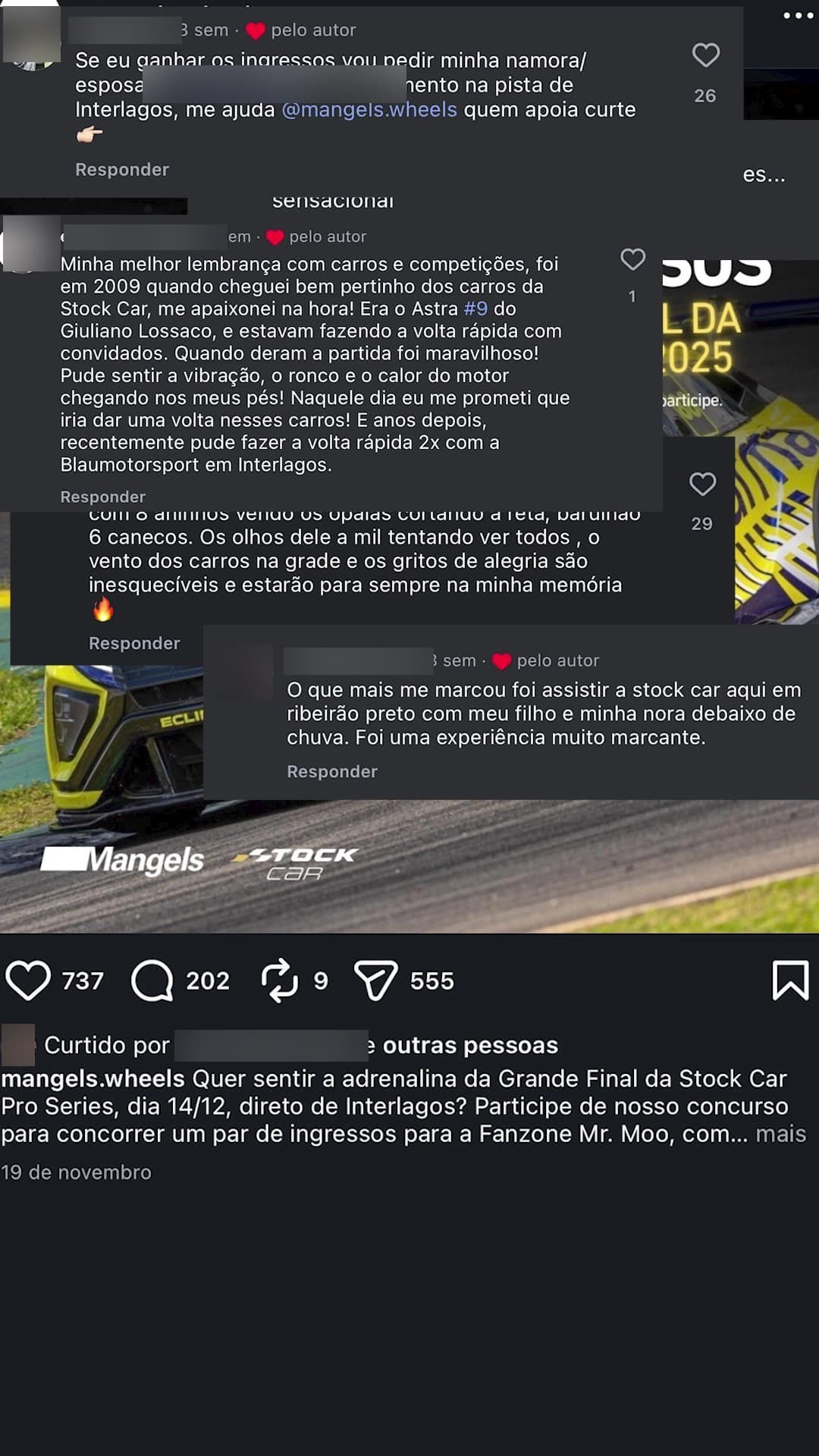 Tela do concurso da Mangels no Instagram mostrando comentários de seguidores com lembranças de automobilismo, com os dados de identificação tarjados, e os números do post: 737 curtidas, 202 comentários, 9 compartilhamentos e 555 salvamentos.