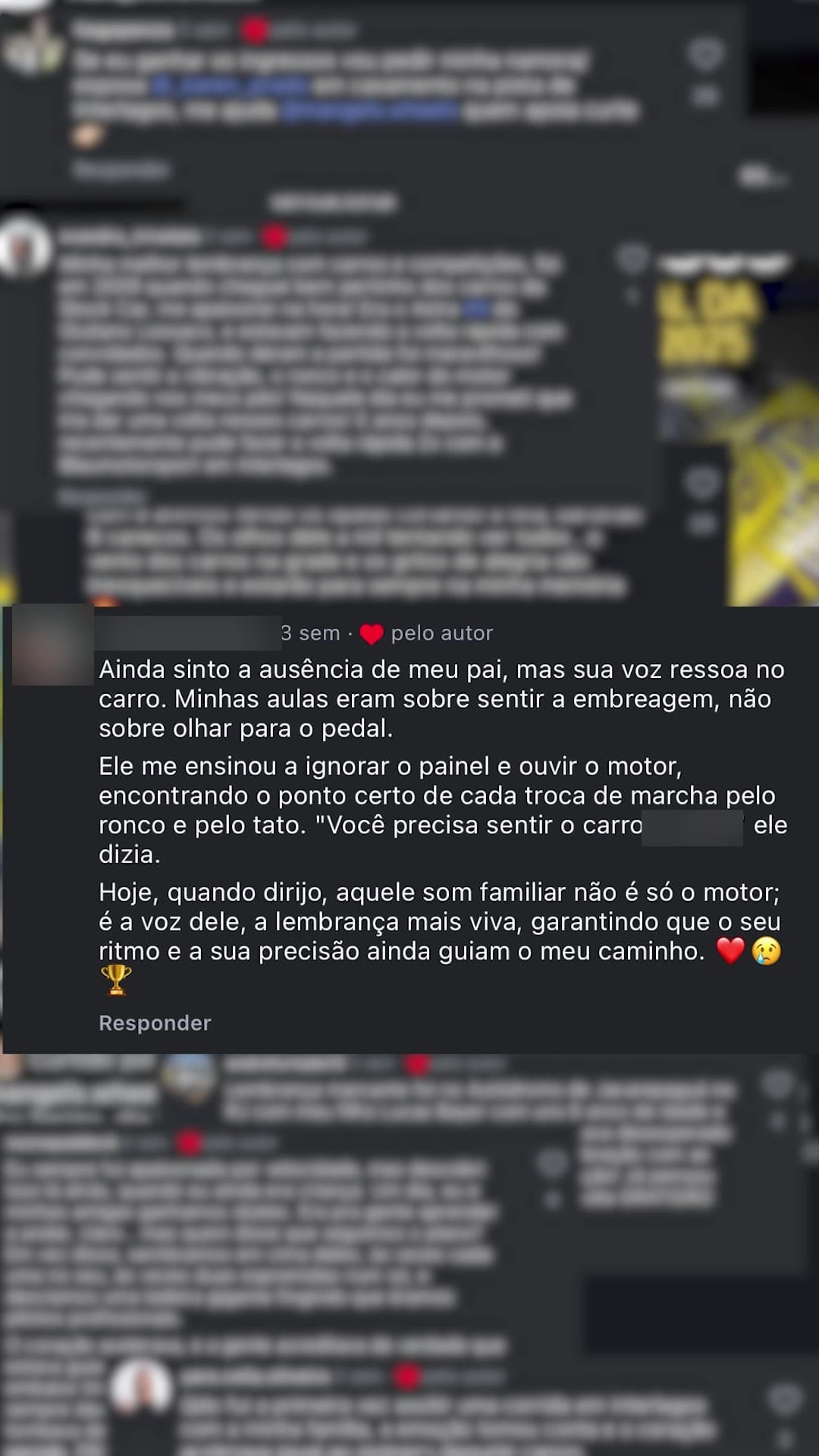 Frase vencedora do concurso da Mangels, publicada como comentário no Instagram, contando como o pai do autor lhe ensinou a dirigir ouvindo o motor. Os dados de identificação estão tarjados.