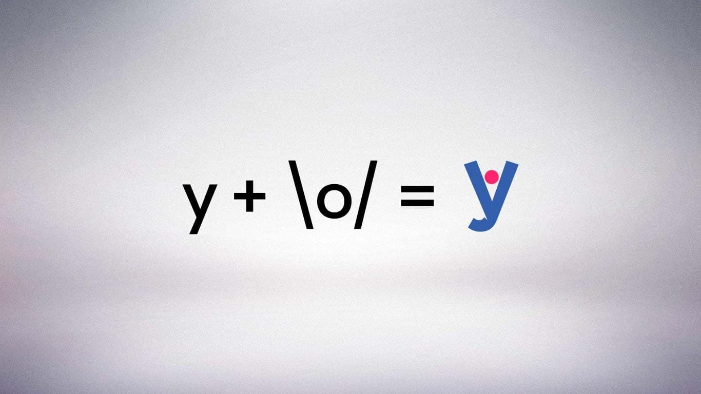 Slide de construção do símbolo da Yuhuu: a equação 'y + \o/ = y', mostrando a letra y somada ao emoticon de braços erguidos resultando no símbolo final da marca.