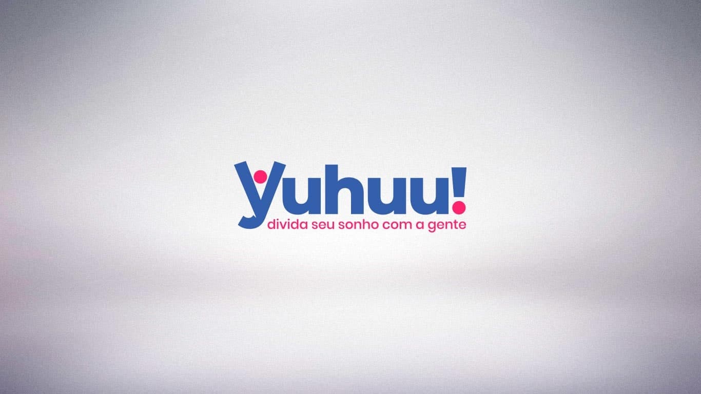 Marca da Yuhuu com a assinatura 'divida seu sonho com a gente', em azul e vermelho-cereja sobre fundo claro.